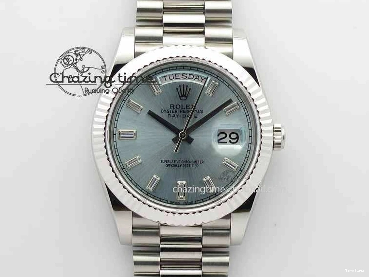MiroTime 1227 Elegant Day Date 40mm SS BP Maker Best Edition Ice Blue Dial Diamond Markers On SS Bracelet ETA 3700